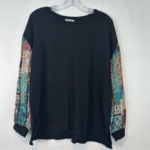 Umgee Black Sweatshirt with Colorful Patterned Sleeves